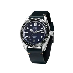 Wise Adamascus AD830A in 904L steel, blue wavy dial, on navy blue leather strap