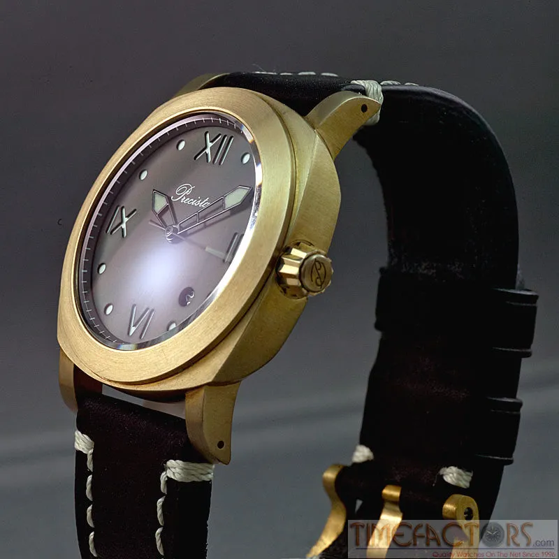 Timefactors Precista Bronze PRS-30, dark brown sandwich dial with Roman numerals, bronze case, on dark leather strap