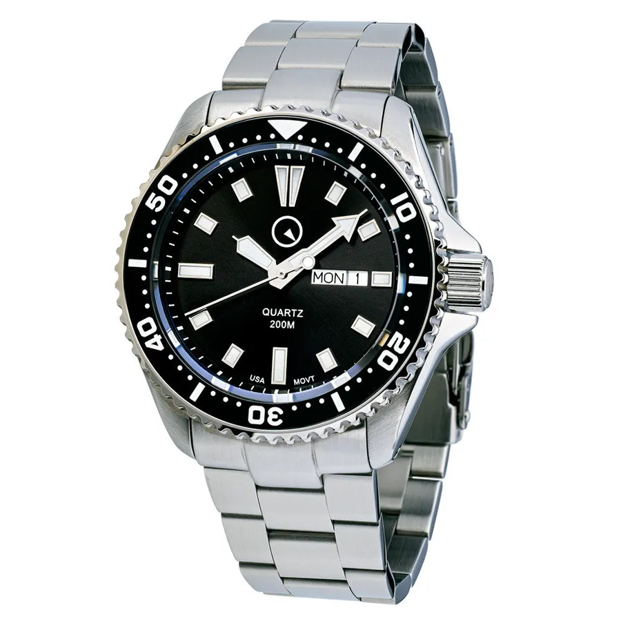 Islander Ameriquartz Dive Watch ISL-100 with black dial, day-date at 3 and black ceramic bezel on steel bracelet