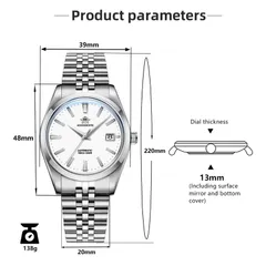 Addiesdive AD2029 dimension graphic (39mm, 48mm lug-to-lug, 13mm including crystal and caseback, 20mm, 220mm bracelet, 138g)