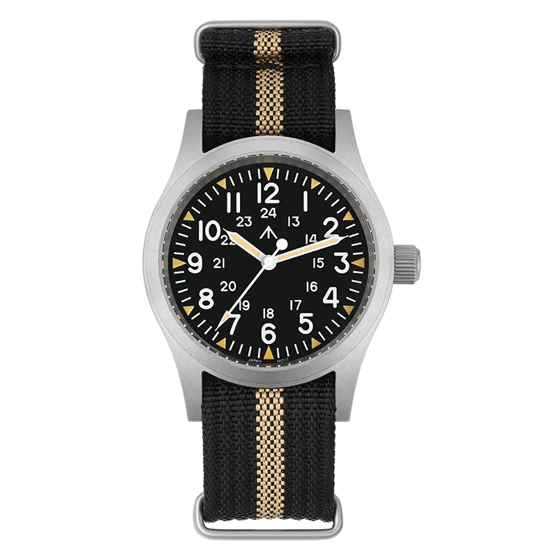 Militado ML05 (VH31) with black field dial and broad-arrow logo on black nylon strap with a khaki stripe