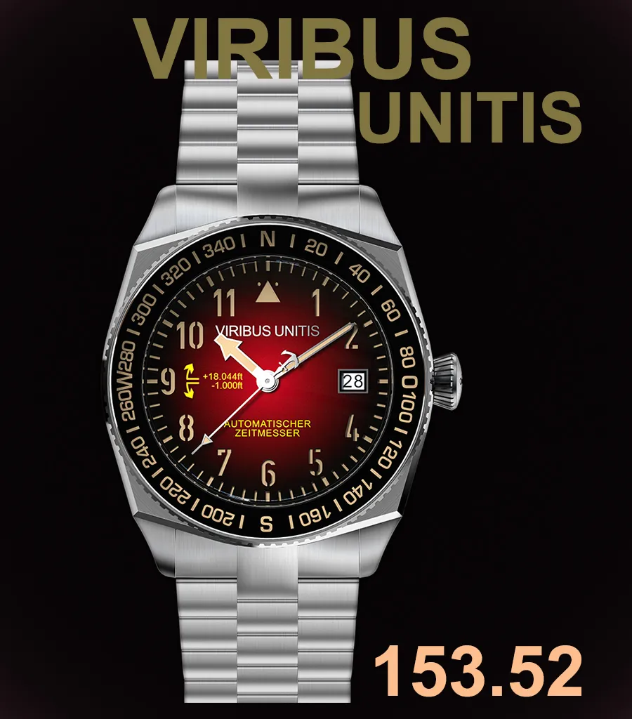 Viribus Unitis 153.52, titanium case, red-black gradient dial, compass bezel, on titanium bracelet