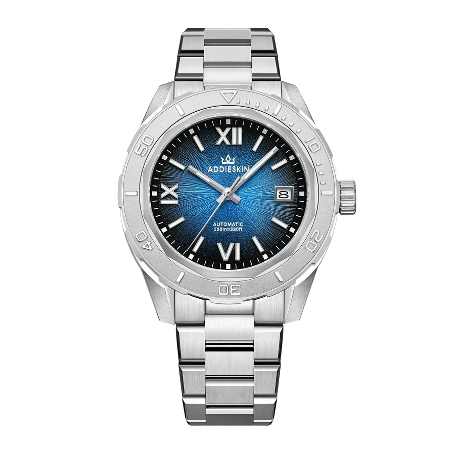 AddiesKIN K002 with dark blue sunburst dial, Roman numerals and engraved steel bezel on a three-link steel bracelet