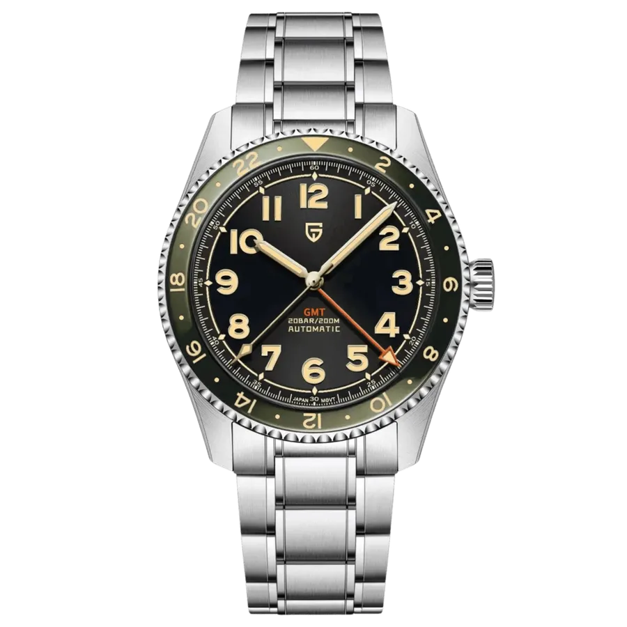 Pagani Design PD-1784 GMT with dark dial, green 24-hour bezel and steel bracelet