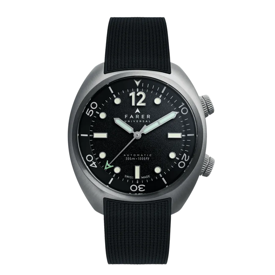Farer Aqua Compressor Endeavour, Titanium Series III, black dial, on black rubber strap