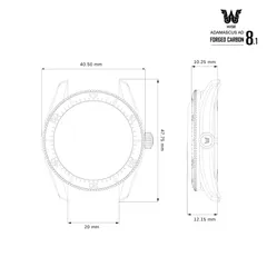 Wise Adamascus AD8.1 Forged Carbon case dimension drawing (40.5mm, 47.75mm lug to lug, 20mm lugs, 12.15mm height)