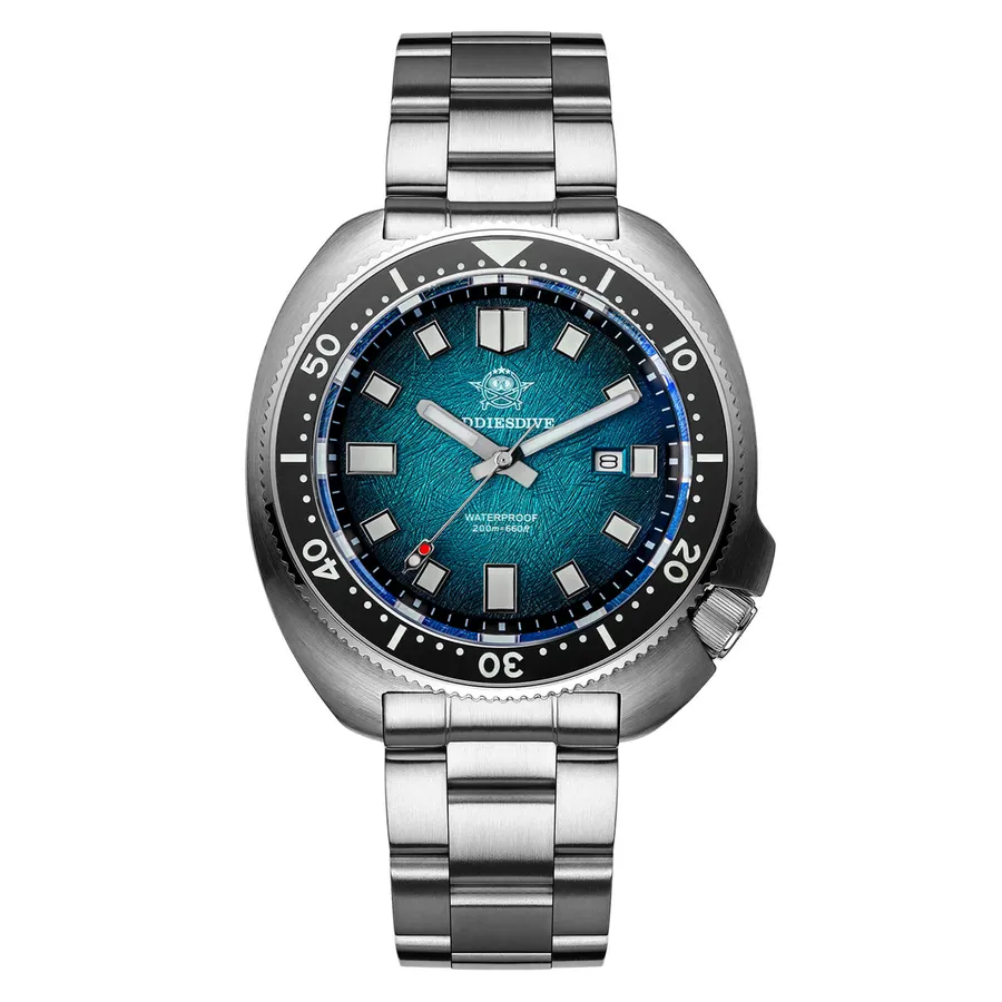 Addiesdive AD2511 cushion-cased quartz diver with textured teal-blue gradient dial and black ceramic bezel on a three-link bracelet