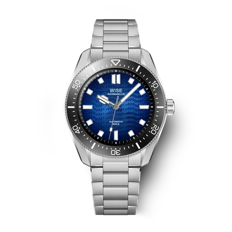 Wise Adamascus AD8130A in 904L steel, blue wavy dial, black ceramic bezel, on 904L bracelet