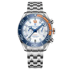 Pagani Design PD-1711 chronograph with white dial and blue and orange bezel on steel bracelet