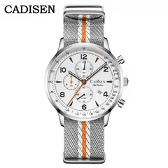Cadisen C7067 quartz chronograph with white dial on a grey striped nylon strap
