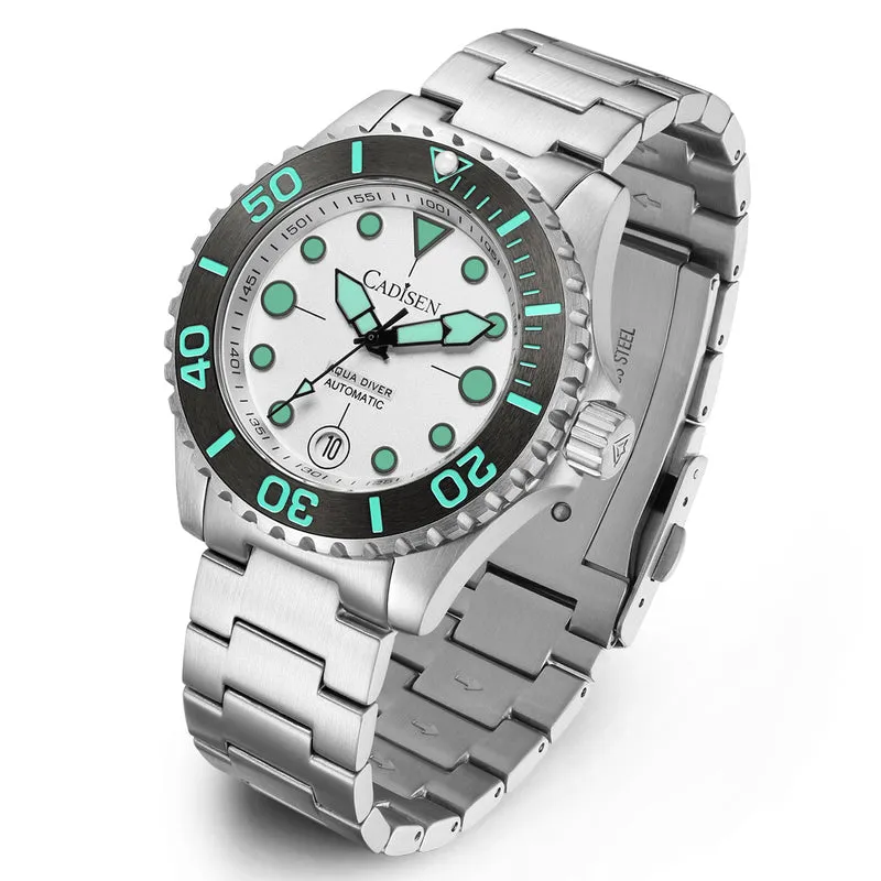 Cadisen C8232 diver with white dial, round lume markers, black 60-minute bezel with green numerals and a date window at about 7:30 on a steel bracelet