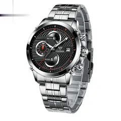 Cadisen C9018 with black dial, red accents and black bezel ring on a steel bracelet