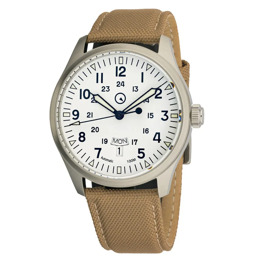 Islander 42mm DAY-T field watch with white dial and day-date at 6 on khaki nylon strap