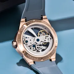 Pagani Design PD-YS030 display caseback held by screws, engraved PD-YS030, 100M and Stainless steel, showing a skeletonised automatic movement