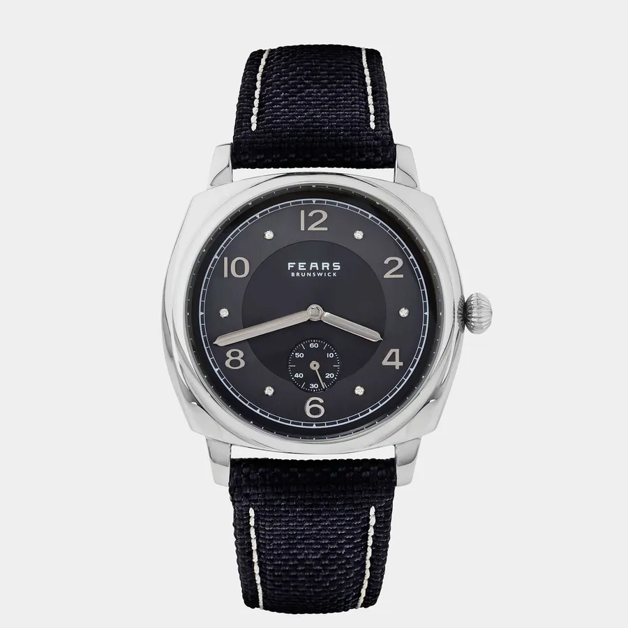 Fears Brunswick Pt in platinum with anthracite grey dial, diamond markers and small seconds on a black Kevlar strap