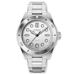 Tusenö Shellback V2.1 White, semi-matte white dial, steel bezel