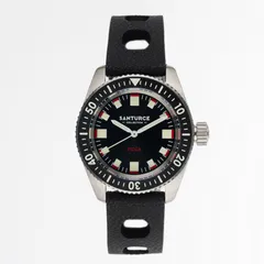 Santurce Collection Picúa with black dial, red minute track and black bezel on black rubber strap