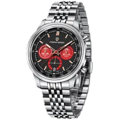 Pagani Design PD-1827 with black dial and red subdials on steel bracelet