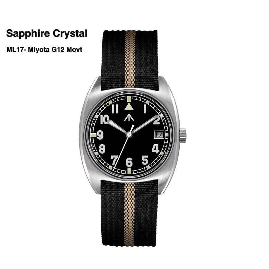 Militado ML17 (Miyota GL12, Sapphire) W10-style field watch with black dial, white numerals and date at 3 on black-khaki nylon strap (sapphire crystal)