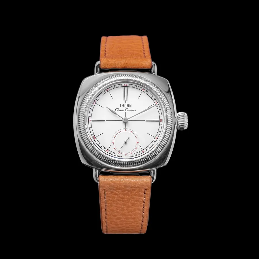 Thorn T017 cushion-cased watch with white small-seconds dial on a tan leather strap