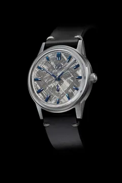 Zelos Nova 38mm Meteorite, meteorite dial with blued hands and indices, on black leather strap