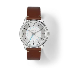Bravur Geography Sparkling White on a brown leather strap with contrast stitching