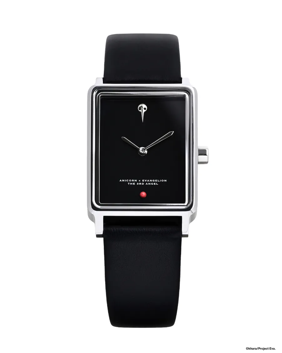 Anicorn x Evangelion The 3rd Angel rectangular quartz watch with a glossy black dial showing Sachiel's face, on a black leather strap