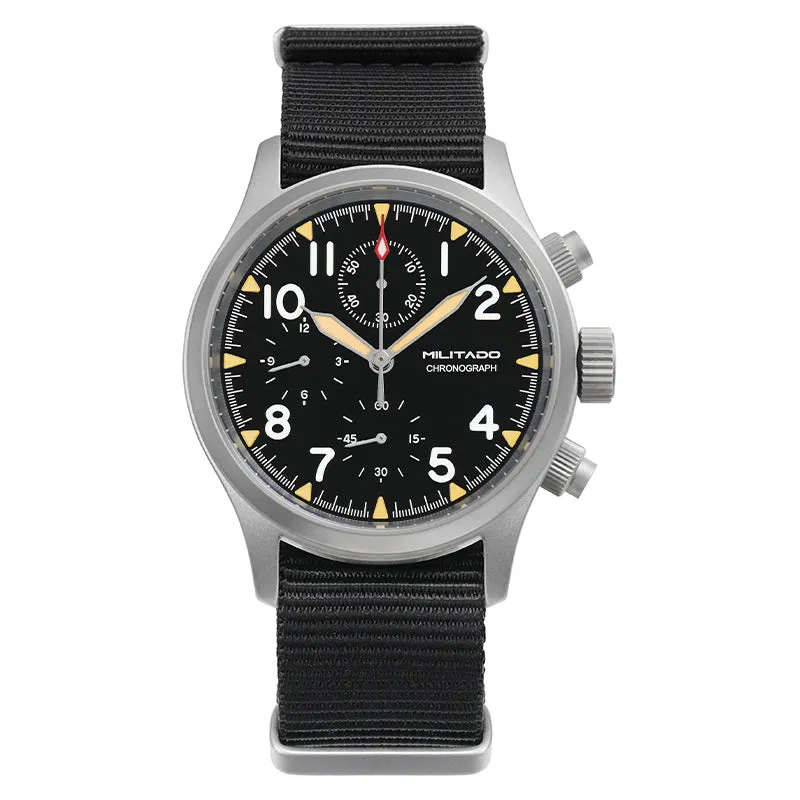Militado ML1868-2 chronograph with black dial and cream hands, no date, on black nylon strap