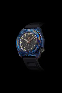 Zelos Hammerhead in blue Ti-Damascus, meteorite dial, on black rubber strap