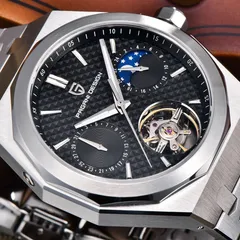 Pagani Design PD-YS036 dial close-up showing the 24-hour scale around the moon-and-stars disc at 3, the 1-31 pointer date at 9 and the balance in the open-heart aperture at 6