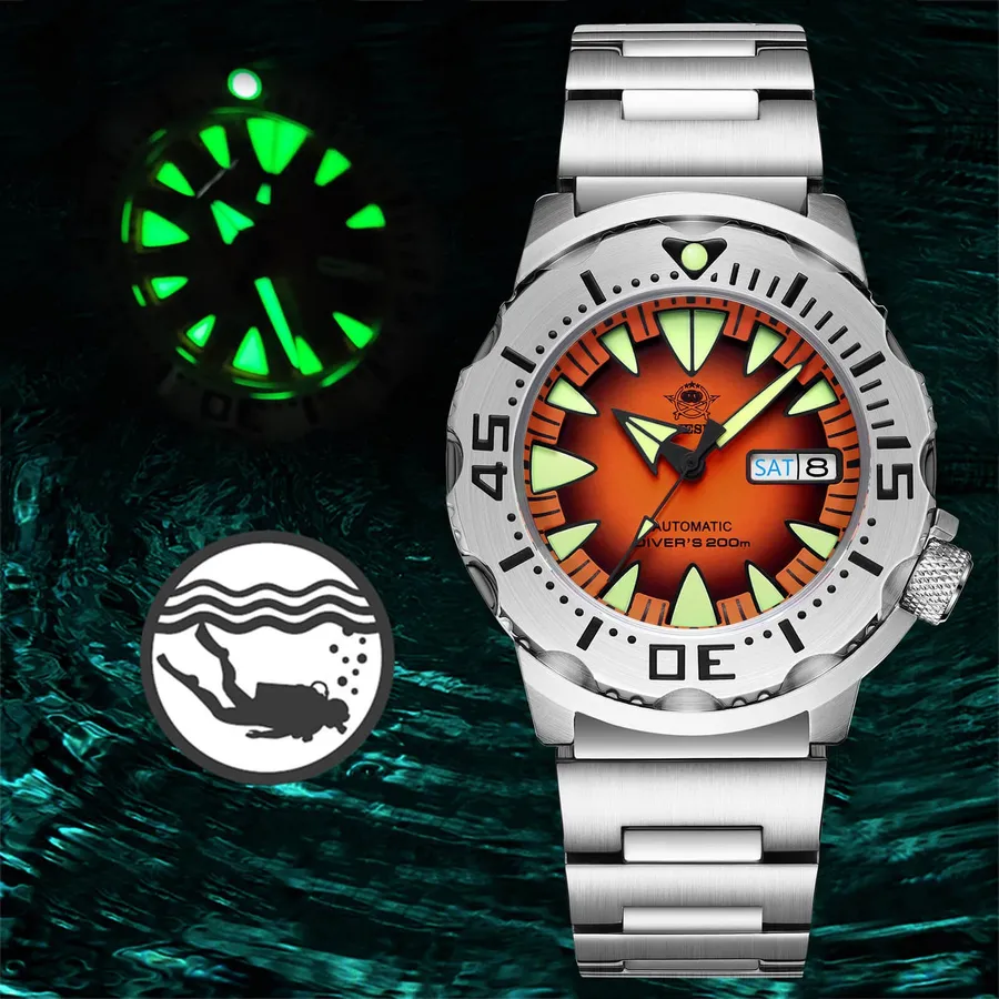 Addiesdive AD2103 Monster-style diver with orange gradient dial, day-date at 3 and steel dive bezel on the bracelet