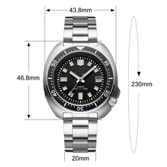 Addiesdive AD2524 dimension graphic (43.8mm, 46.8mm lug-to-lug, 20mm, 230mm bracelet)