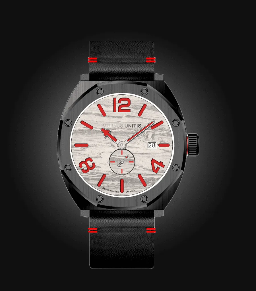 Viribus Unitis IR73, black PVD case, mud-streaked white dial with red lume, on black leather strap
