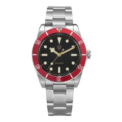 Watchdives WD7922 with black dial and red bezel on the 3-link bracelet