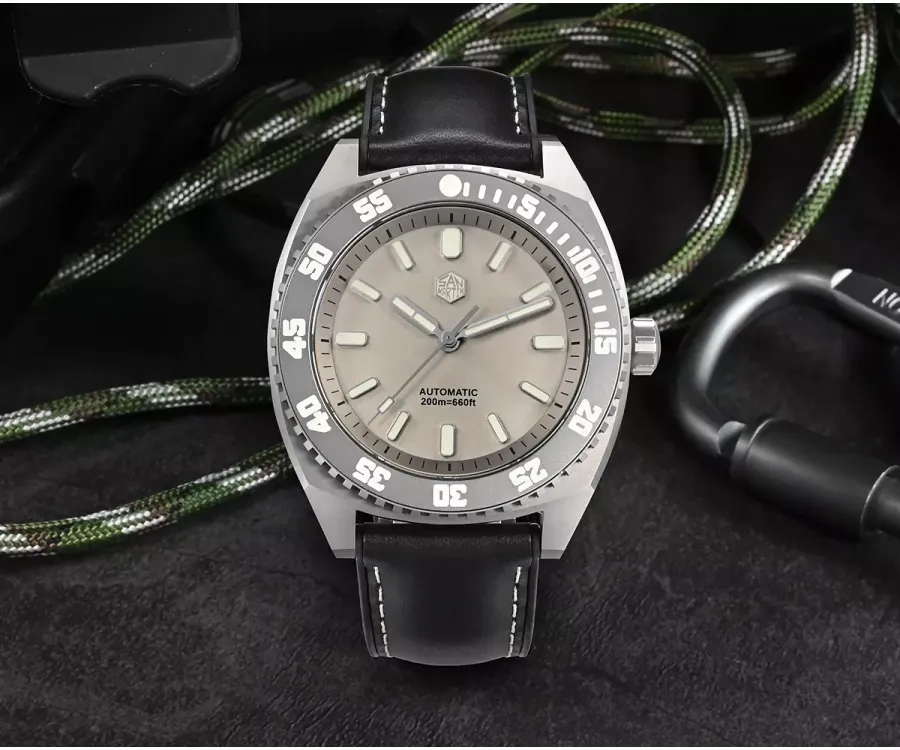 San Martin SN027-T3 Grade 5 titanium diver with grey dial and lumed titanium bezel on black leather strap