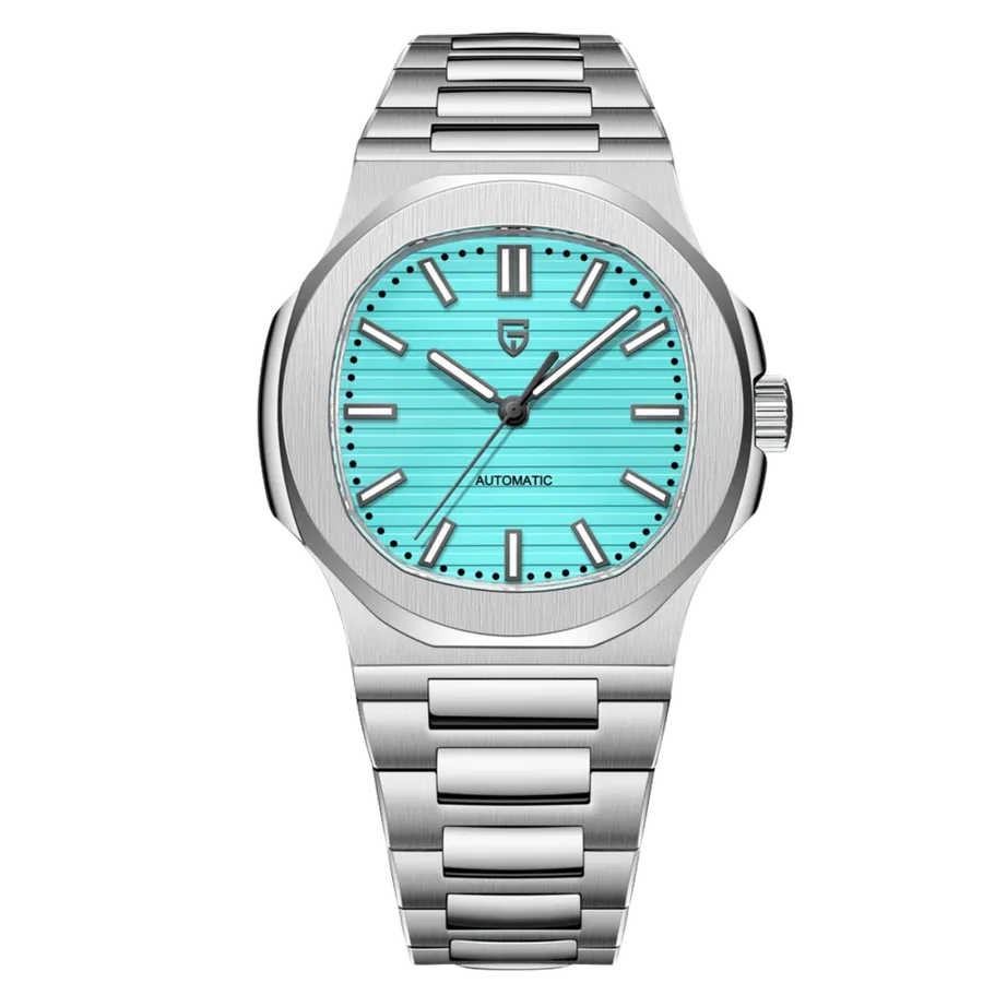 Pagani Design PD-1728 with sky blue horizontally grooved dial, octagonal bezel and integrated steel bracelet