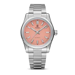 Traska Commuter 36, coral lacquered no-date dial, front view