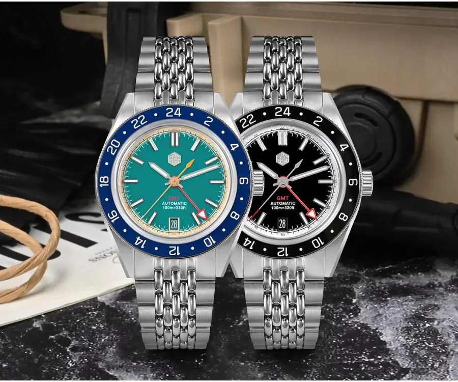 San Martin SN0116-G-GMT with light blue and matte black dials, blue and black ceramic GMT bezels, on beads-of-rice bracelets