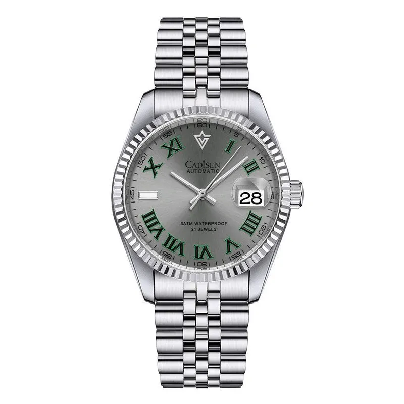 Cadisen C8211 Datejust-style automatic with slate grey dial, green Roman numerals, fluted bezel and magnified date at 3 on a steel jubilee bracelet