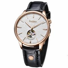 Cadisen C8187 with white meteorite-pattern dial in a rose gold-tone case on a black leather strap