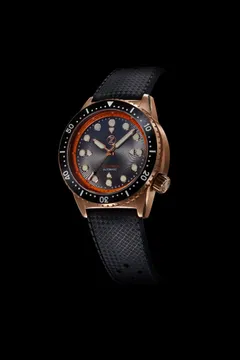 Zelos Great White 1000m in bronze, grey dial with orange chapter ring, black ceramic bezel, on tropic rubber strap