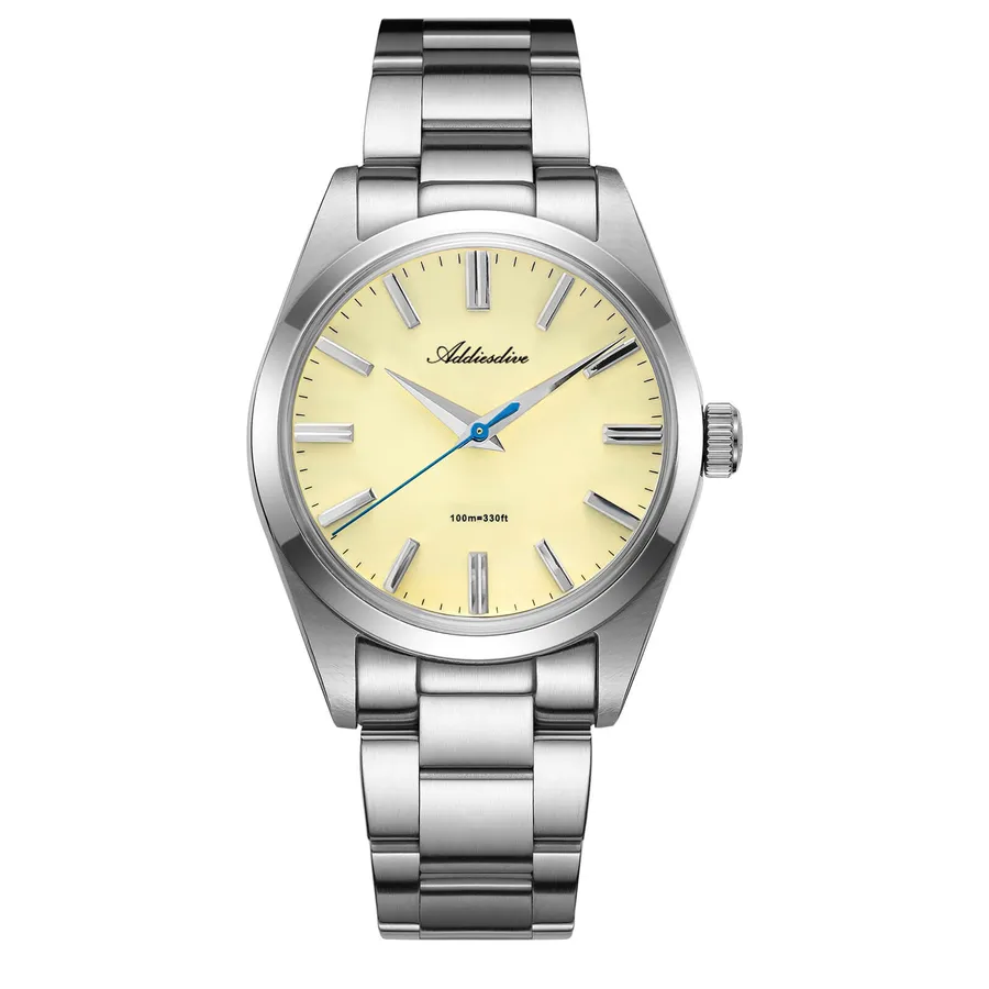 Addiesdive AD2026 with pale yellow dial and blue seconds hand on a three-link bracelet