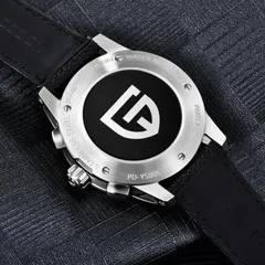 Pagani Design PD-YS008 caseback held by four screws, with a black centre printed with the PD logo, engraved "Water resistant 100M" and PD-YS008
