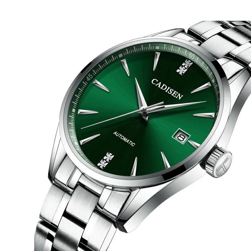 Cadisen C1033 with green sunburst dial and date at 3 on a steel bracelet