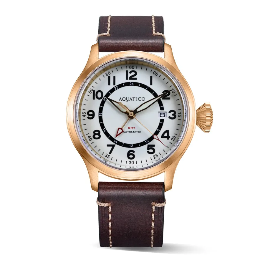 Aquatico Bronze Horizon Hawk GMT with white full-lume dial, 24-hour track and red GMT hand, on brown leather strap