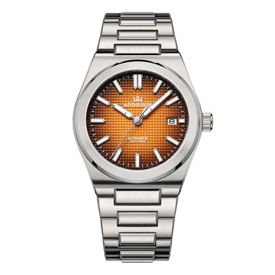 AddiesKIN K004 with caramel gradient waffle-pattern dial on its integrated steel bracelet
