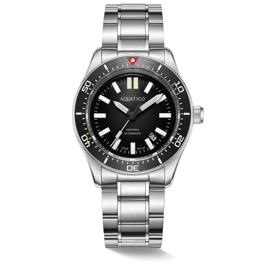 Aquatico Aequorea Victoria Tritium with black dial and ceramic bezel on steel bracelet