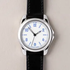 anOrdain Model 2 36mm White, white vitreous enamel dial with blue print and heat-blued hands, on black shell cordovan strap