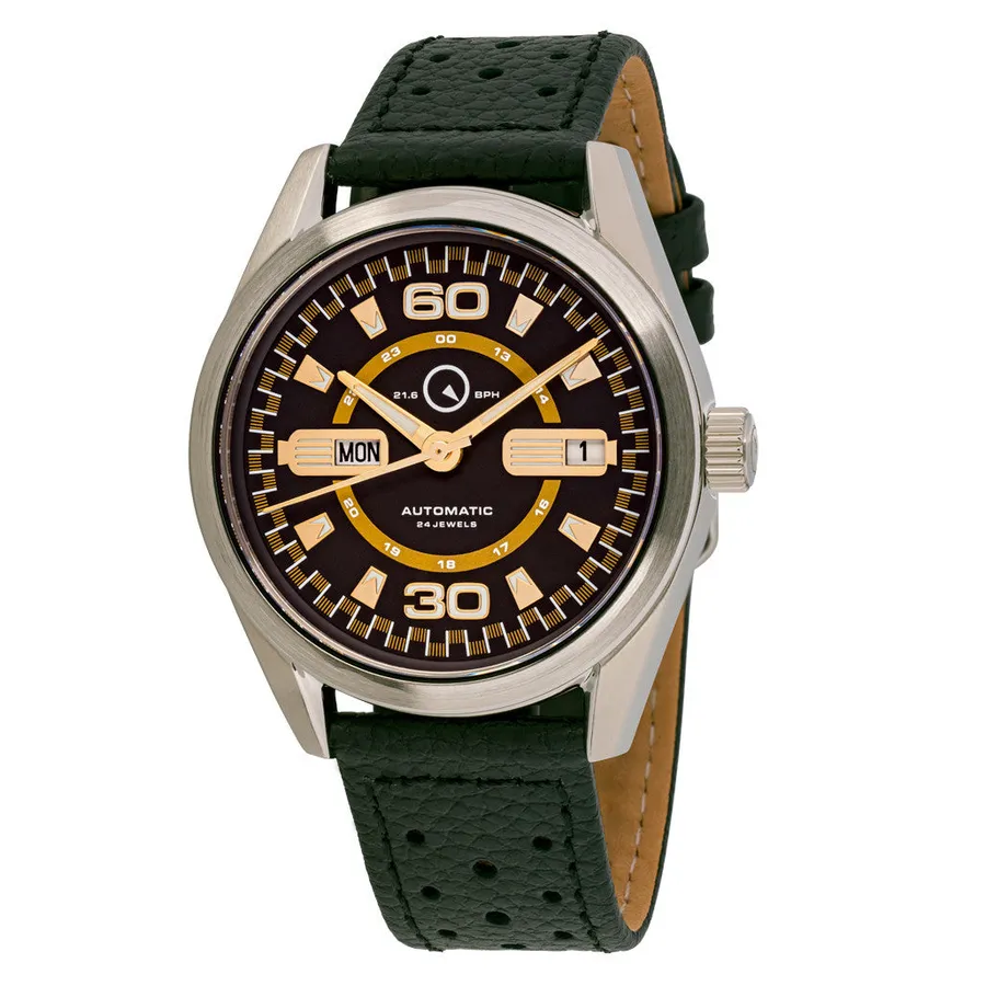 Islander DPA Automatic with black and gold dial, day and date windows at 9 and 3, on green perforated leather strap