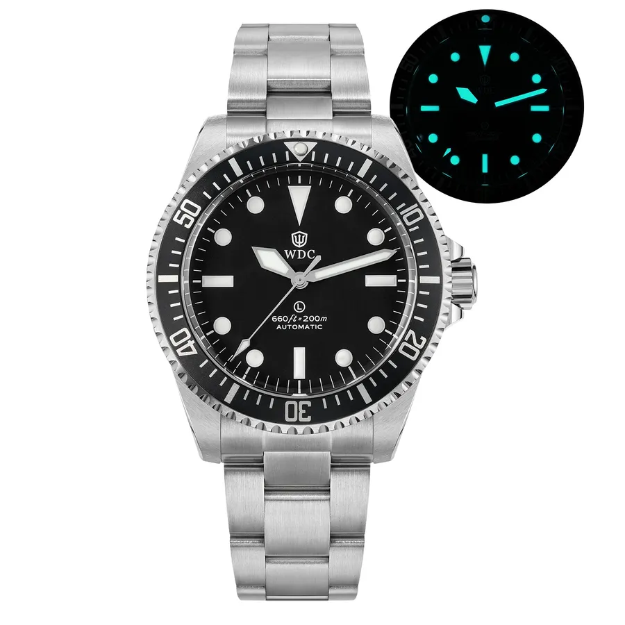 Watchdives WD5513P with black dial and sword hands on the 3-link bracelet, with lume shot